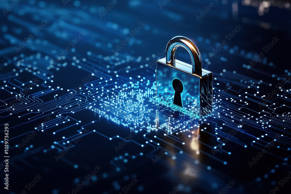Poster digital padlock for computing system on dark blue background, cyber security technology for fraud pr