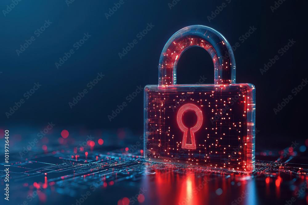 Poster digital padlock for computing system on dark blue background, cyber security technology for fraud pr