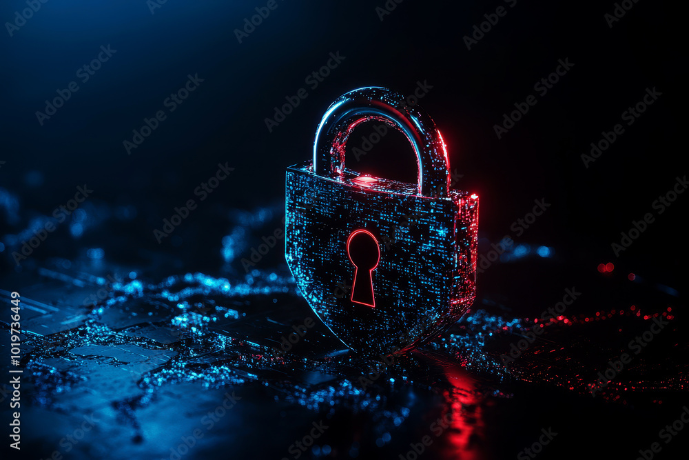 Poster digital padlock for computing system on dark blue background, cyber security technology for fraud pr