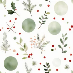 Floral pattern with green leaves and red berries, white background