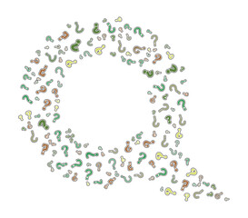 Colorful question marks creating a large letter Q or magnifying glass shape in a circular design, isolated on a white background