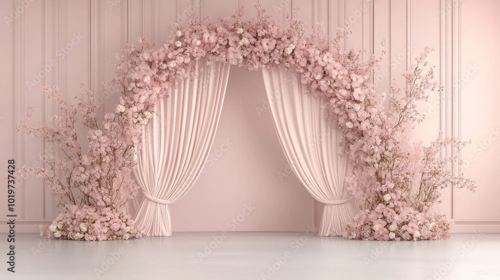 Poster Elegant floral archway with draped curtains in soft pink tones, ideal for events or photography.