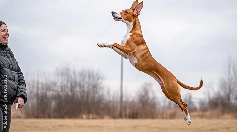 Wall mural A dog leaps joyfully while playing with a person outdoors in a grassy area.