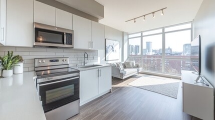 Modern kitchen and living area with large windows and city views.