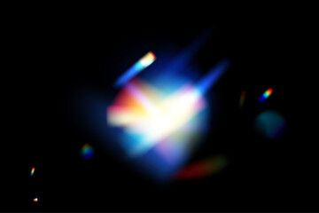 Dynamic lens flare and rainbow prism effect on transparent background. Rainbow light rays, lens flare, reflection effect from crystal, glass or gem. Blur colorful rainbow crystal light leaks.