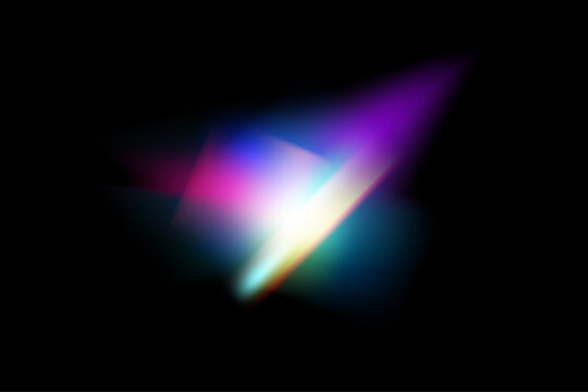 Dynamic lens flare and rainbow prism effect on transparent background. Rainbow light rays, lens flare, reflection effect from crystal, glass or gem. Blur colorful rainbow crystal light leaks.