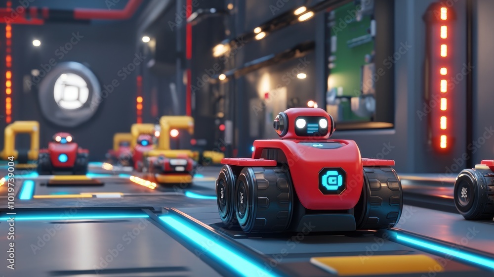 Poster 3d illustration of a smart factory environment with autonomous robots transporting products, demonst