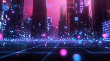 Fototapeta premium Cyberpunk Cityscape: Neon Lights and Digital Rain