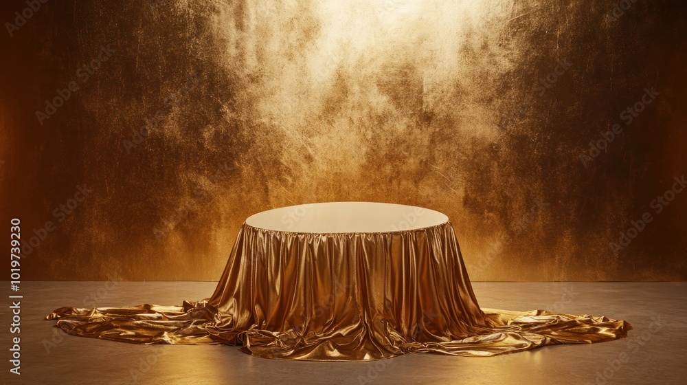 Wall mural A golden draped table against a shimmering backdrop, suggesting elegance and celebration.