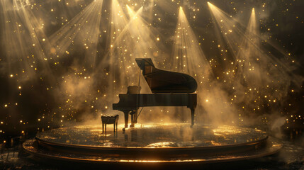 Grand piano on a circular stage illuminated by golden spotlights and surrounded by shimmering particles, creating a magical and dramatic atmosphere