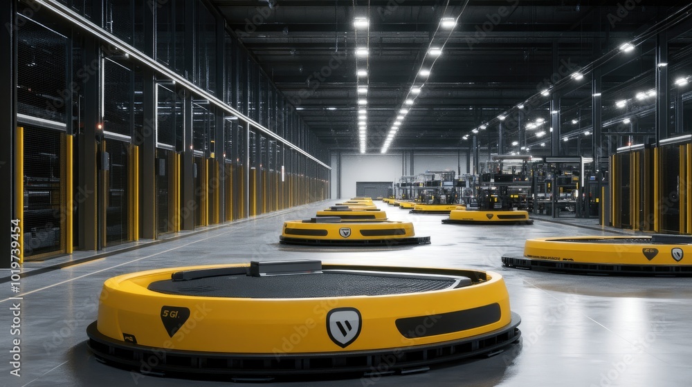 Poster 3d visualization of a smart factory with robotic transportation systems, showcasing the efficiency a
