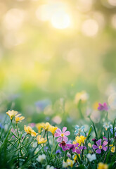 spring natural background with flowers, sun burns and copy space with fresh grass and yellow dandelions against a defocused background