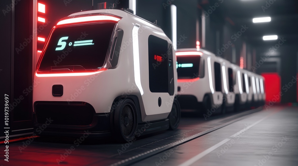 Poster 3d visualization of a smart factory with robotic transportation systems, showcasing the efficiency a