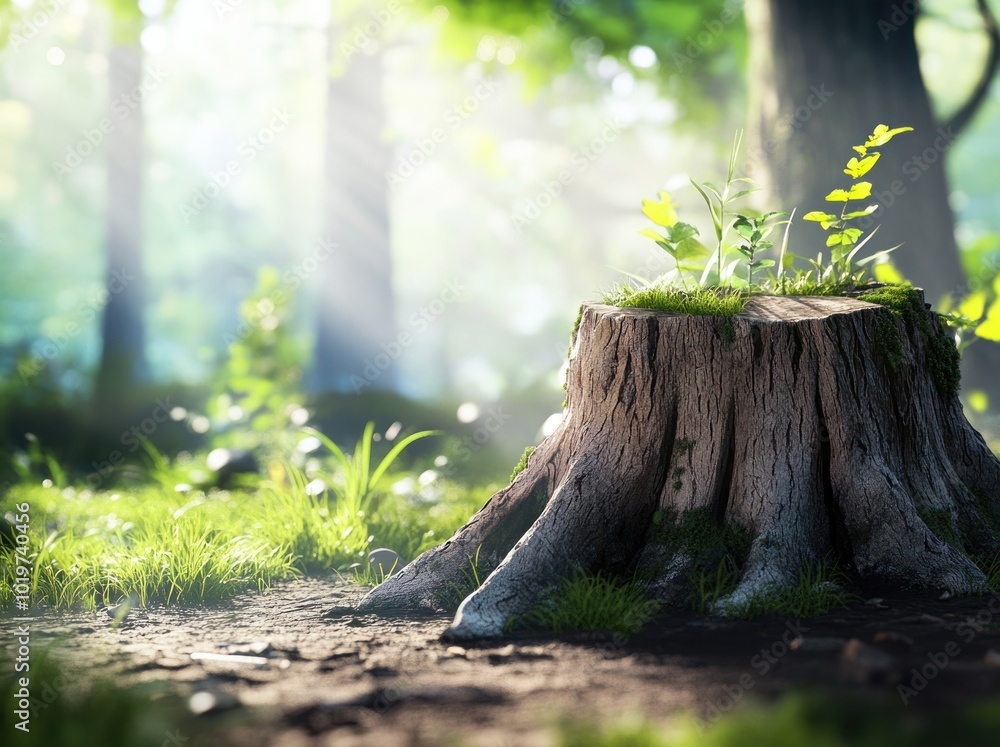 Poster A serene forest scene featuring a tree stump surrounded by greenery and soft sunlight.