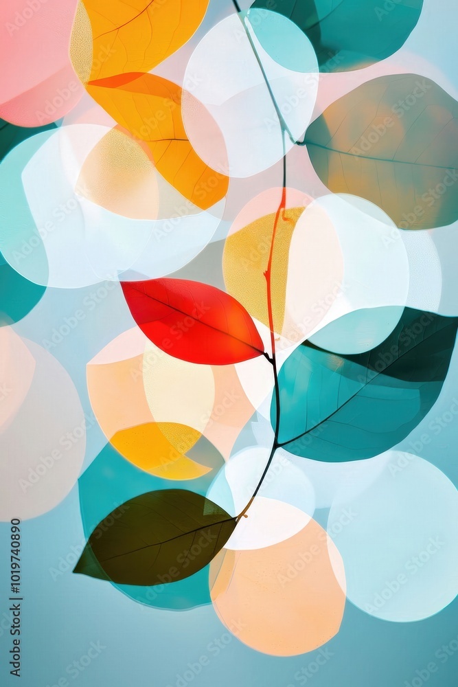 Poster a captivating abstract composition featuring colorful bokeh and leaves. this image evokes feelings o