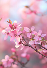 Obraz premium Cherry blossom bokeh background, copy space Serene spring blossom branch in soft pastel colors with fluttering petals under clear blue sky