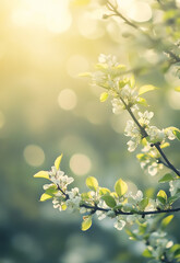 A close-up of delicate white blossoms on a branch, bathed in the warm glow of the spring sun magic spring background with copy space.