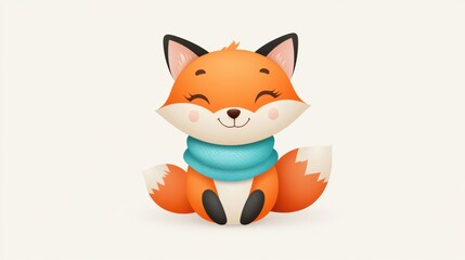 Obraz premium Cheerful Cartoon Fox in Scarf Sitting in Cozy Winter Forest