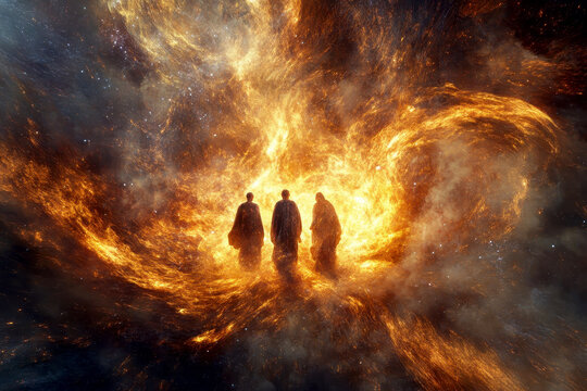 Shadrach, Meshach, and Abednego in the fiery furnace, depicted within a swirling nebula, highlighting their faith amidst trials, with copy space
