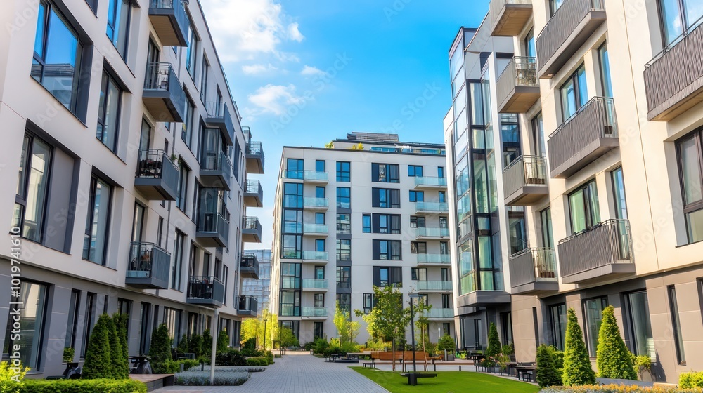 Wall mural Modern apartment complex with landscaped courtyard and blue sky.