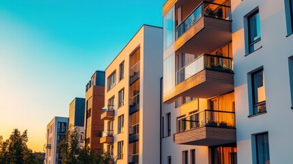 Modern apartment buildings at sunset, highlighting architecture and urban living.