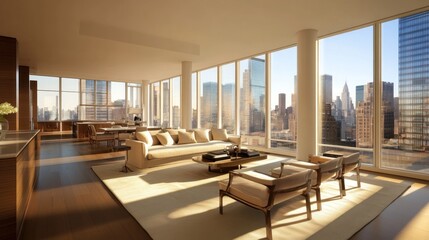 Fototapeta premium Modern living room with large windows showcasing a city skyline at sunset.