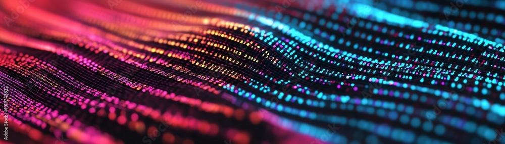Wall mural abstract digital wave pattern with vibrant neon colors and light effects, representing data flow and