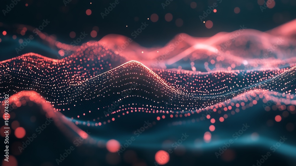 Wall mural abstract digital wave with flowing particles and glowing lines in red and blue tones. futuristic dat