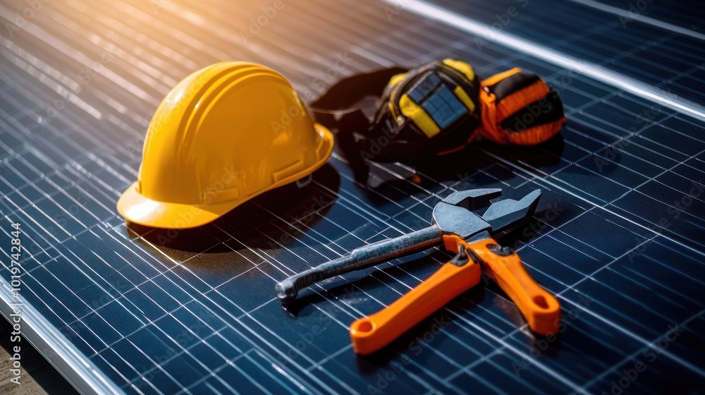 Poster A yellow hard hat, tools, and a watch on solar panels, indicating construction and safety.