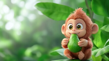 Adorable Cartoon Monkey Holding Green Leaf in Lush Jungle Environment