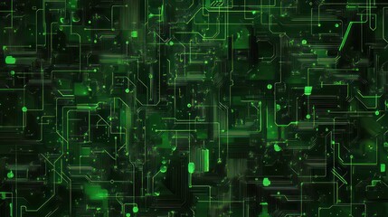 Obraz premium Dark abstract art background with broken squares and glowing green lines geometric futuristic circuit board, digital art with glowing moss green color