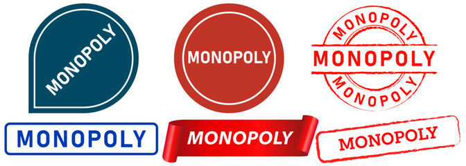 Monopoly controlling dominate absence of competition rich stamp colorful badge ribbon sticker label design icon set collection