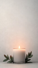 A single candle burns brightly, surrounded by greenery, against a neutral backdrop.