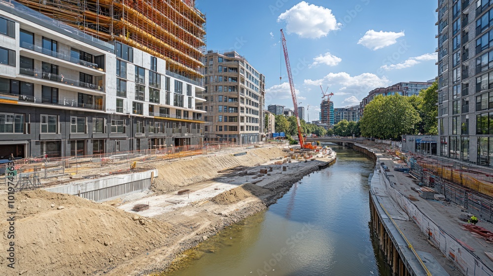 Poster Construction site along a river with buildings and cranes under a blue sky.