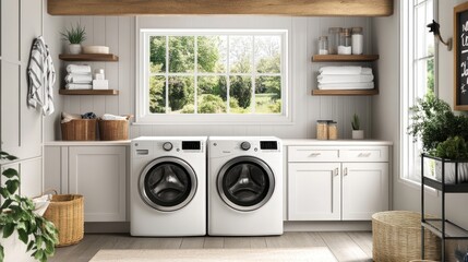 Modern laundry room featuring washing machines, shelves, and a view of greenery outside.