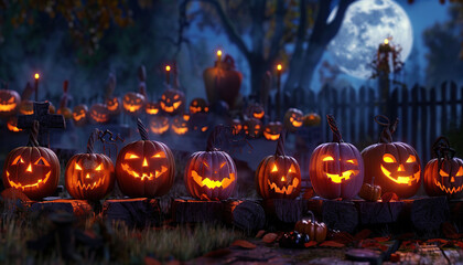 Pumpkins Graveyard Cemetery Spooky Scary Dark Night Full Moon Burning Candles Holiday Happy Halloween