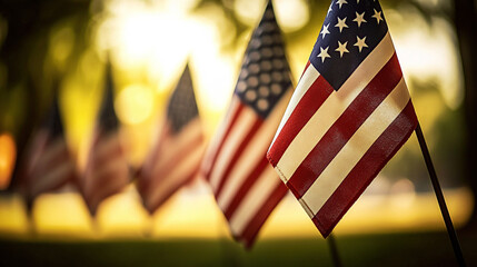 Close-up of American flags, soft focus, blurred background