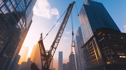 Fototapeta premium Construction Crane Silhouette Against City Skyline