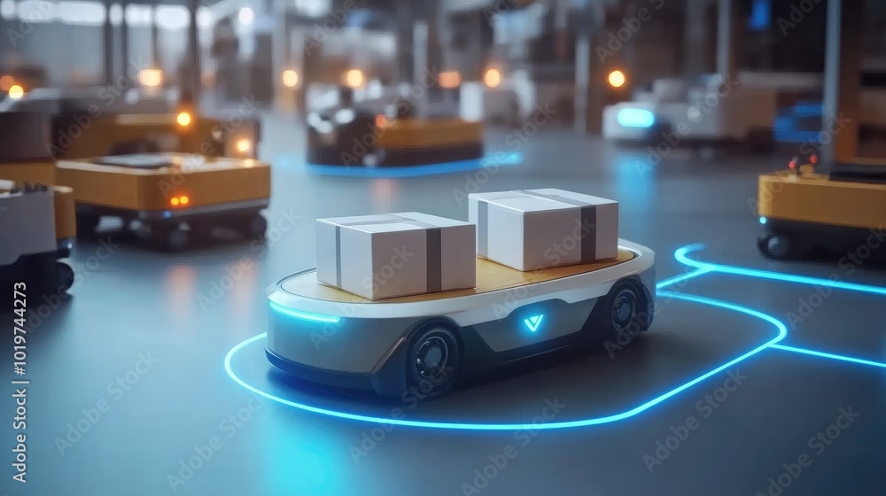 Poster a futuristic smart factory layout with autonomous robots transporting goods, emphasizing the role of