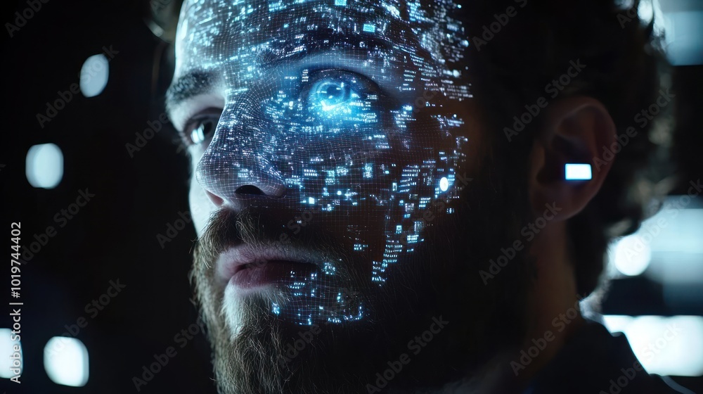Poster a close-up of a man's face with digital data projected onto it, symbolizing technology and innovatio