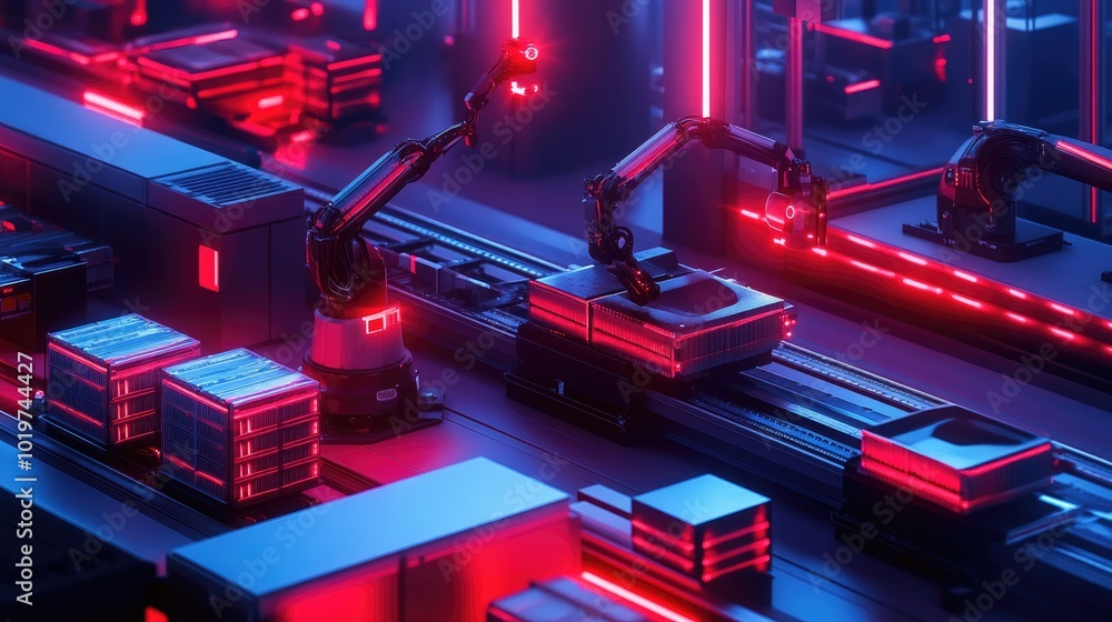 Poster a futuristic smart factory layout with autonomous robots transporting goods, emphasizing the role of