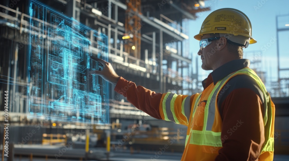 Sticker A construction worker interacts with a holographic blueprint on a building site.