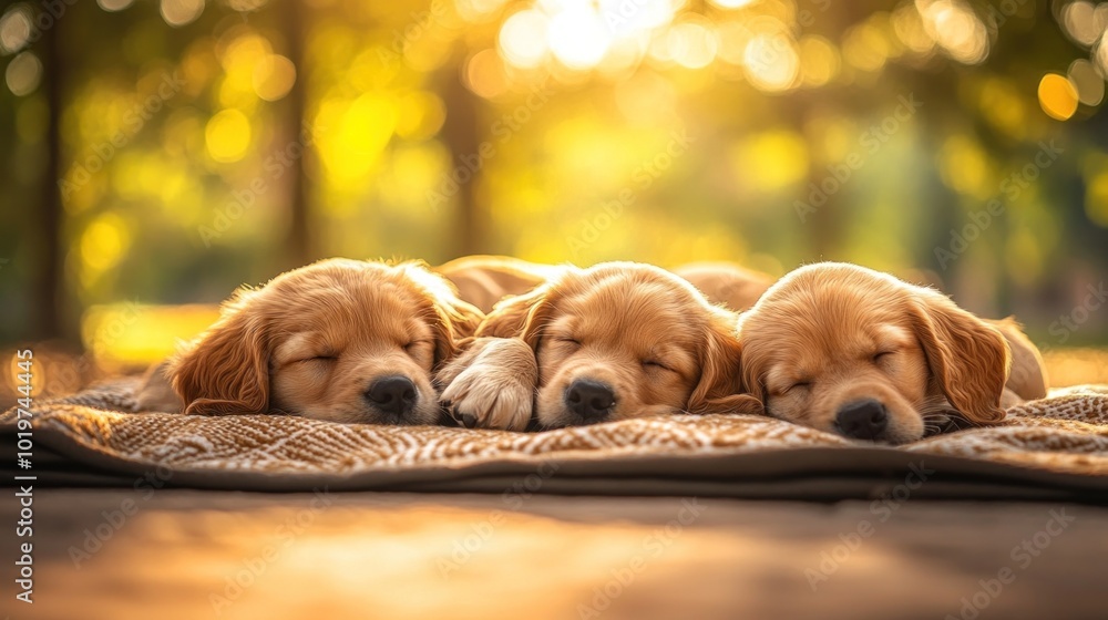 Poster Three sleeping puppies on a blanket, basking in warm sunlight.