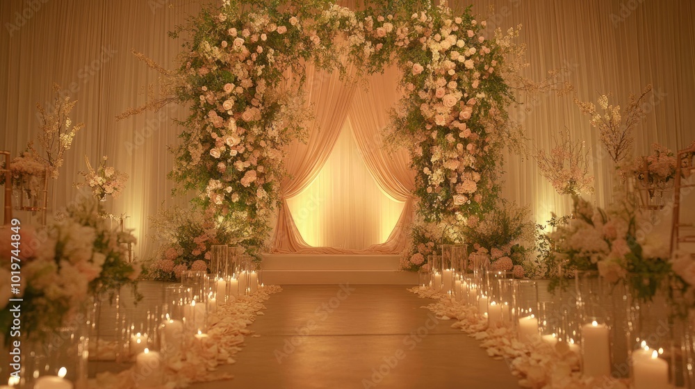 Sticker A beautifully decorated wedding altar with flowers and candles, creating a romantic ambiance.