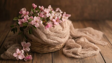A woven basket filled with pink flowers and a soft scarf, creating a serene, cozy atmosphere.