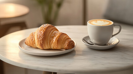 classic French croissant paired with cappuccino on marble table creates warm and inviting atmosphere, perfect for cozy breakfast or afternoon treat