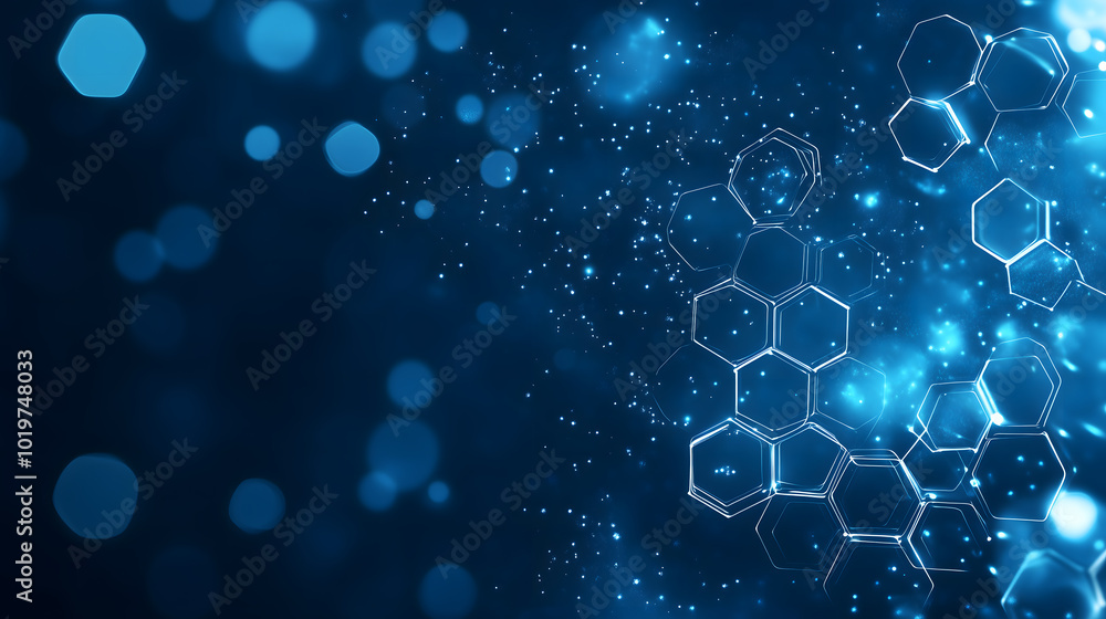 Poster abstract blue background with digital data and hexagons, technology illustration for web banner desi