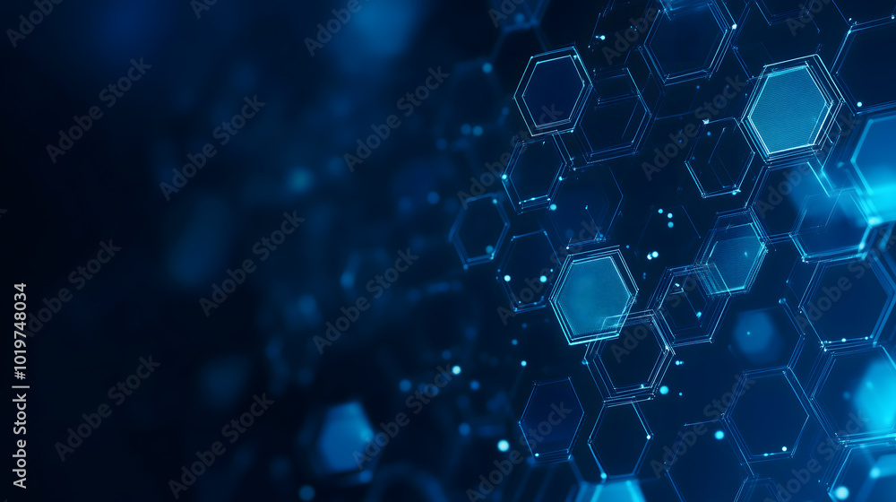 Poster abstract blue background with digital data and hexagons, technology illustration for web banner desi