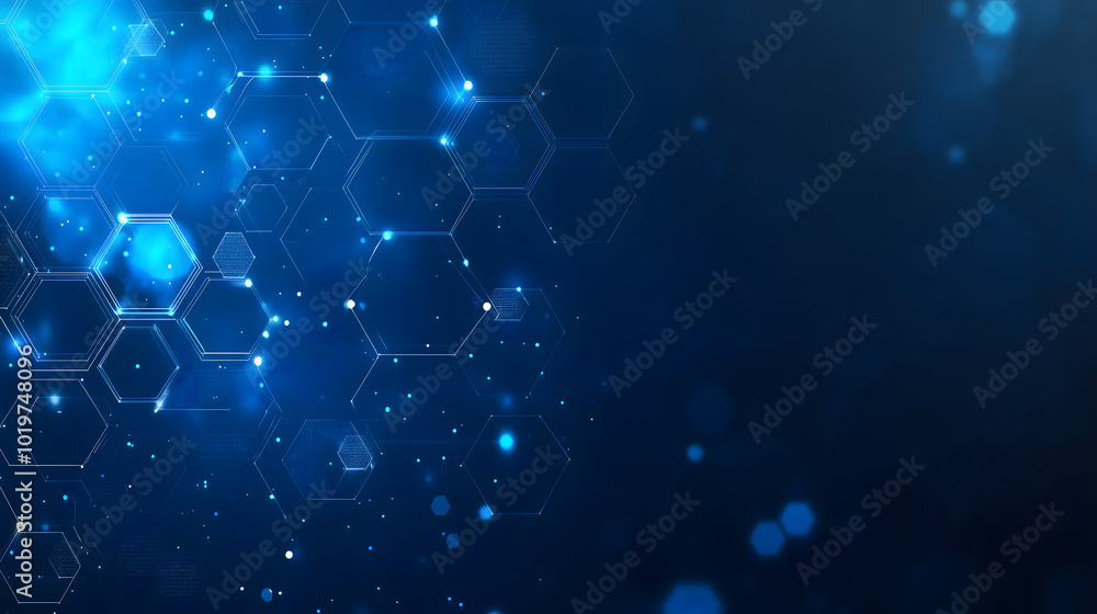 Poster abstract blue background with digital data and hexagons, technology illustration for web banner desi