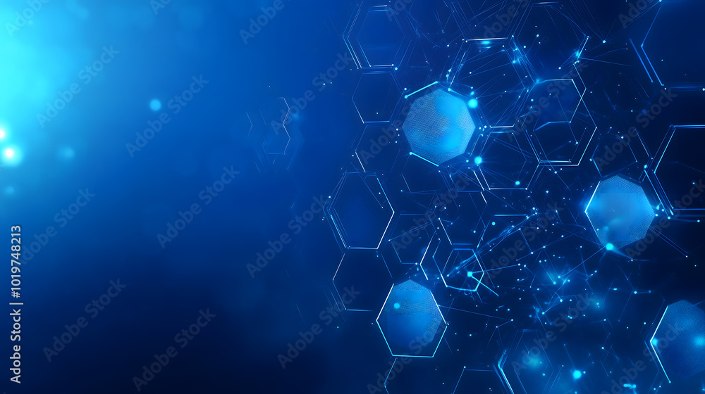 Poster abstract blue background with digital data and hexagons, technology illustration for web banner desi